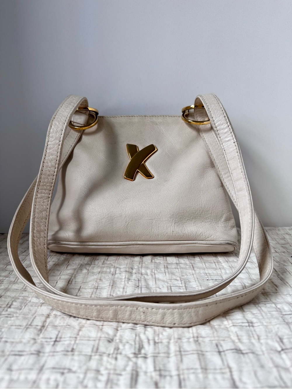 Paloma Picasso Cream Leather Shoulder Bag with Gold X Accent